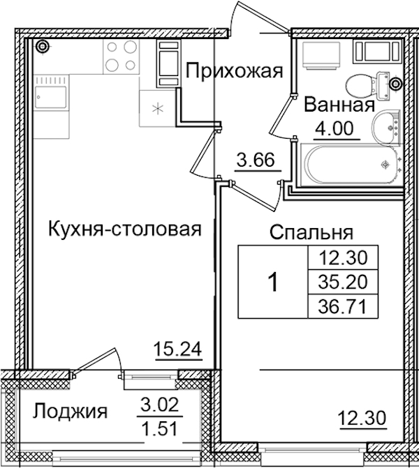1-комнатная квартира 36.71 м², 6/9 эт., ЖК «Квартал Заречье»